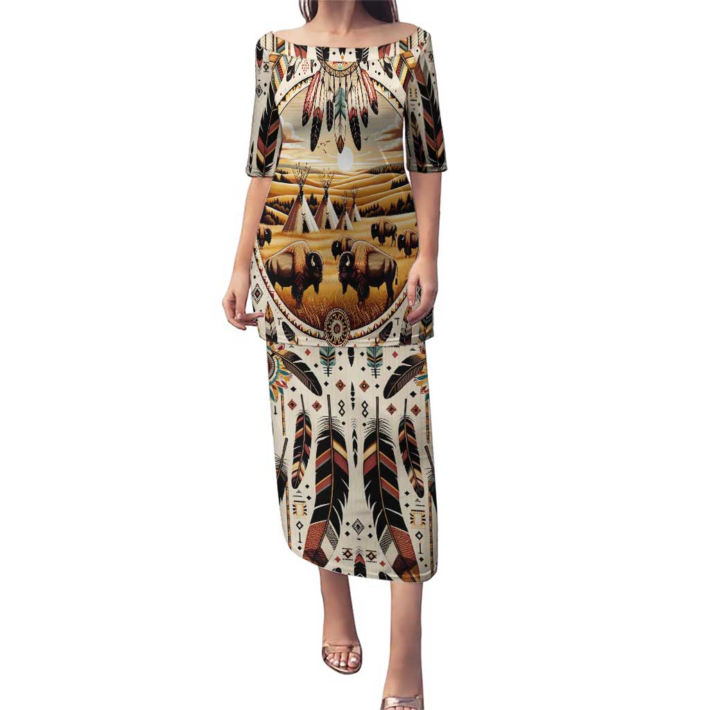 Native American Life Puletasi Teepee Village With Buffalo Bison - Wonder Print Shop