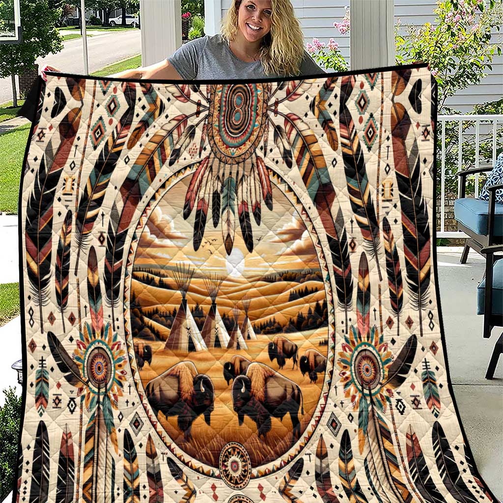 Native American Life Quilt Teepee Village With Buffalo Bison - Wonder Print Shop