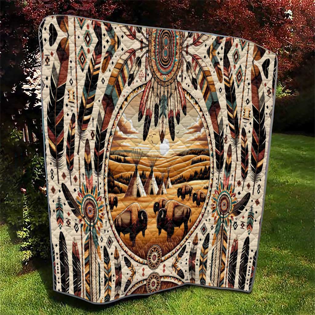 Native American Life Quilt Teepee Village With Buffalo Bison - Wonder Print Shop