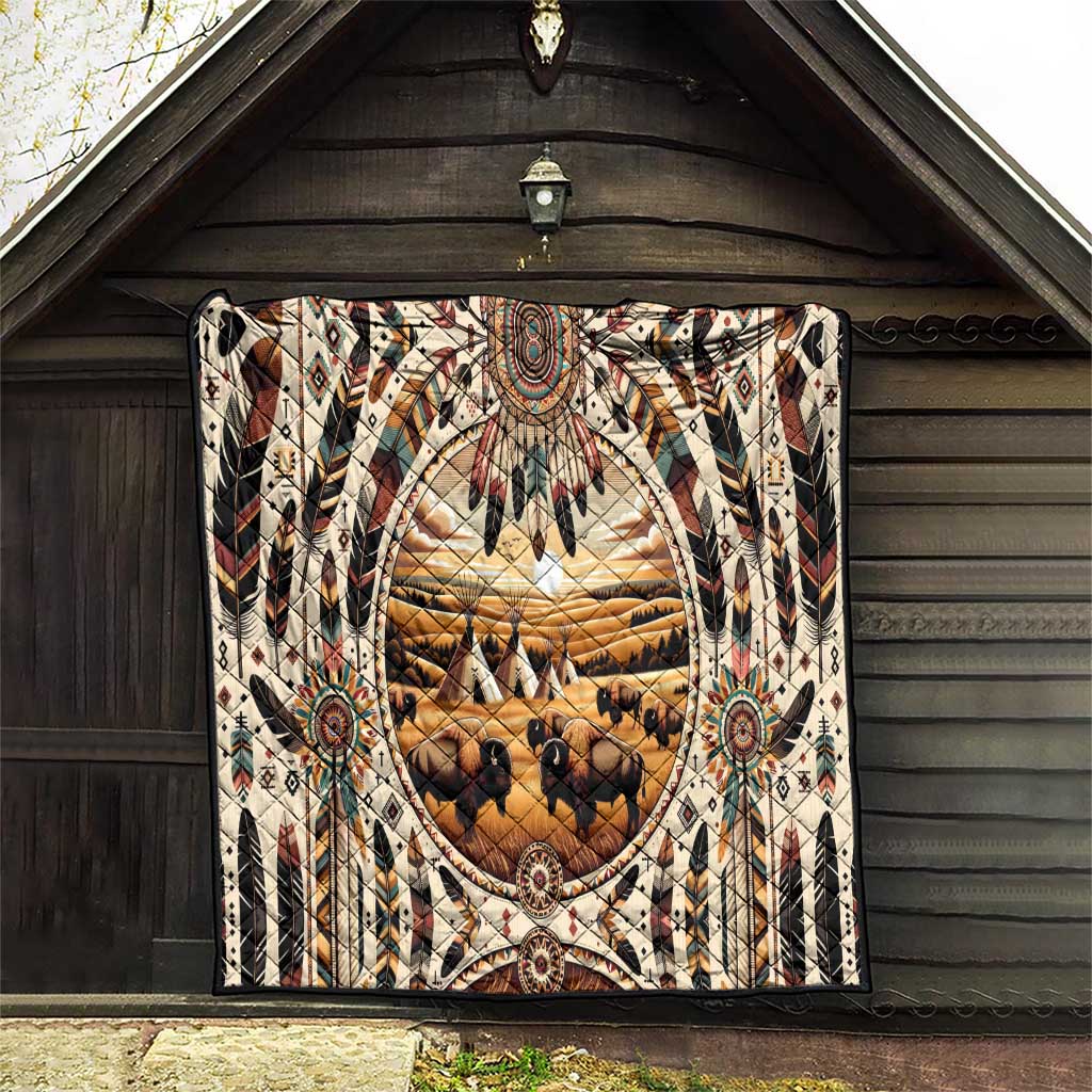 Native American Life Quilt Teepee Village With Buffalo Bison - Wonder Print Shop