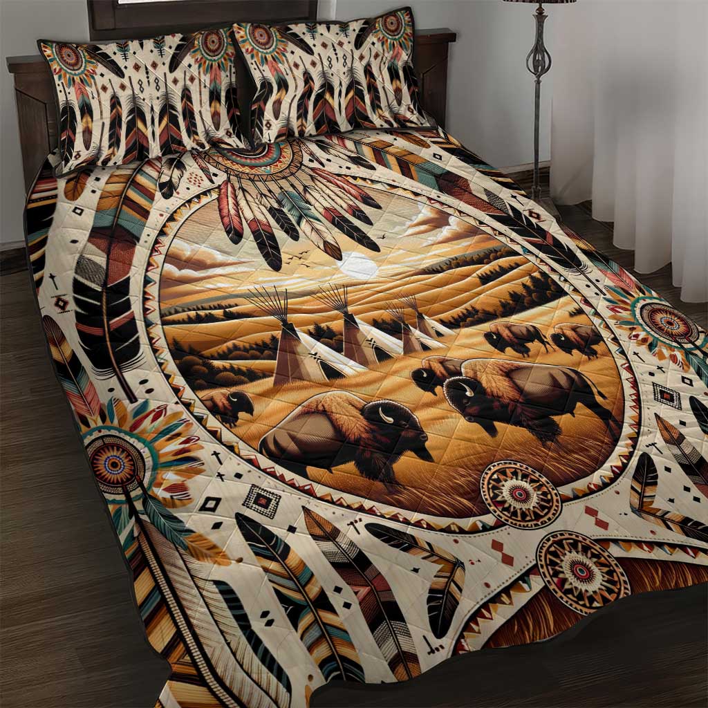 Native American Life Quilt Bed Set Teepee Village With Buffalo Bison - Wonder Print Shop