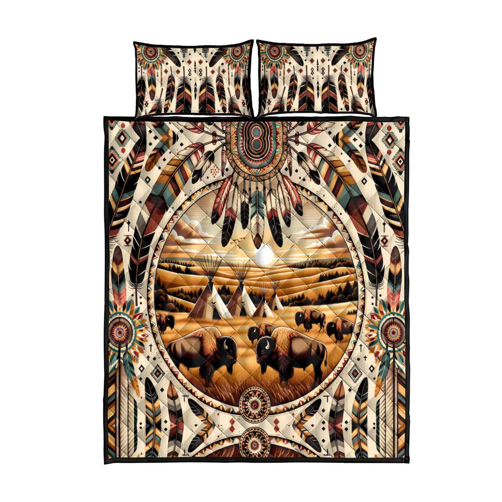 Native American Life Quilt Bed Set Teepee Village With Buffalo Bison - Wonder Print Shop