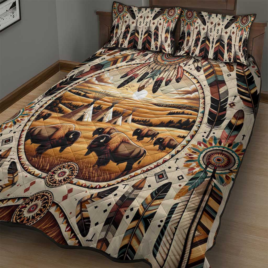 Native American Life Quilt Bed Set Teepee Village With Buffalo Bison - Wonder Print Shop