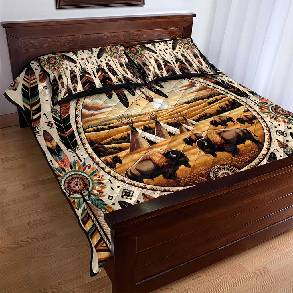 Native American Life Quilt Bed Set Teepee Village With Buffalo Bison - Wonder Print Shop