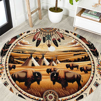 Native American Life Round Carpet Teepee Village With Buffalo Bison