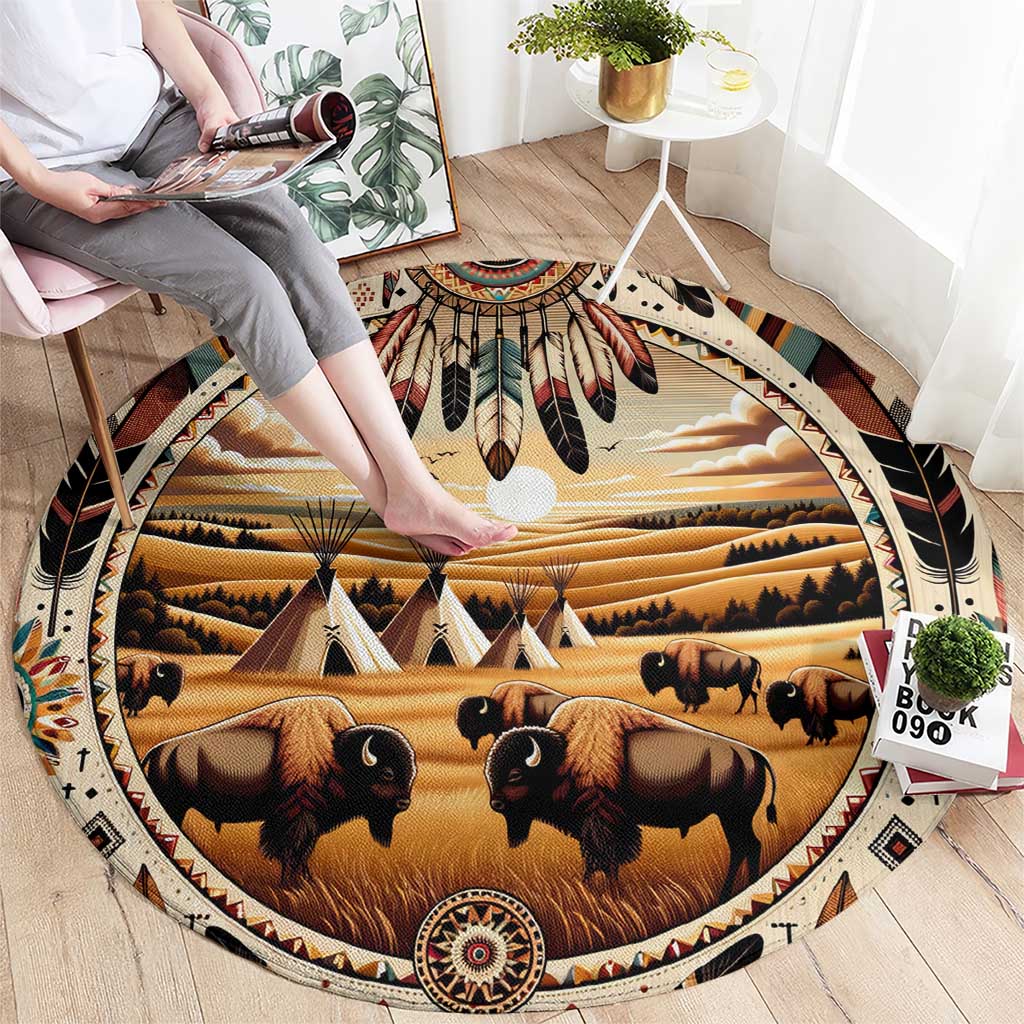 Native American Life Round Carpet Teepee Village With Buffalo Bison