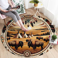 Native American Life Round Carpet Teepee Village With Buffalo Bison