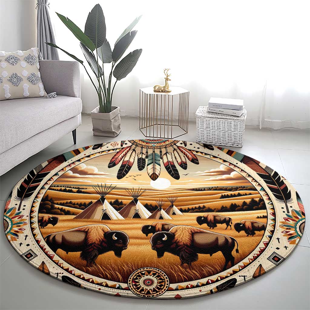 Native American Life Round Carpet Teepee Village With Buffalo Bison