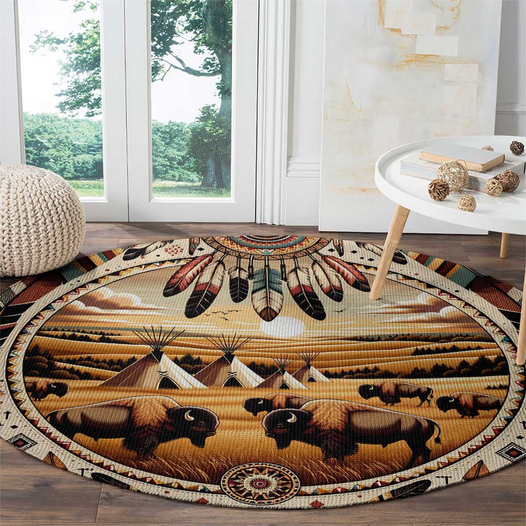 Native American Life Round Carpet Teepee Village With Buffalo Bison