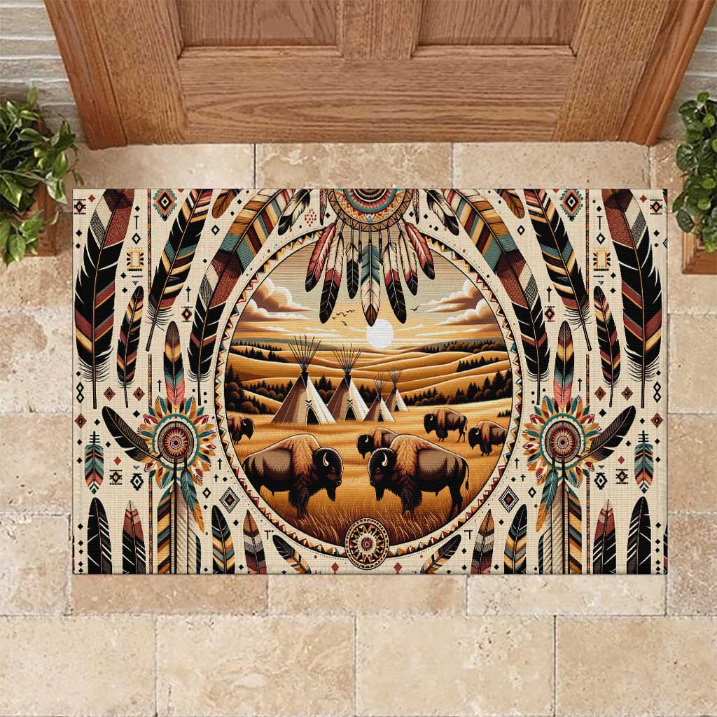 Native American Life Rubber Doormat Teepee Village With Buffalo Bison - Wonder Print Shop