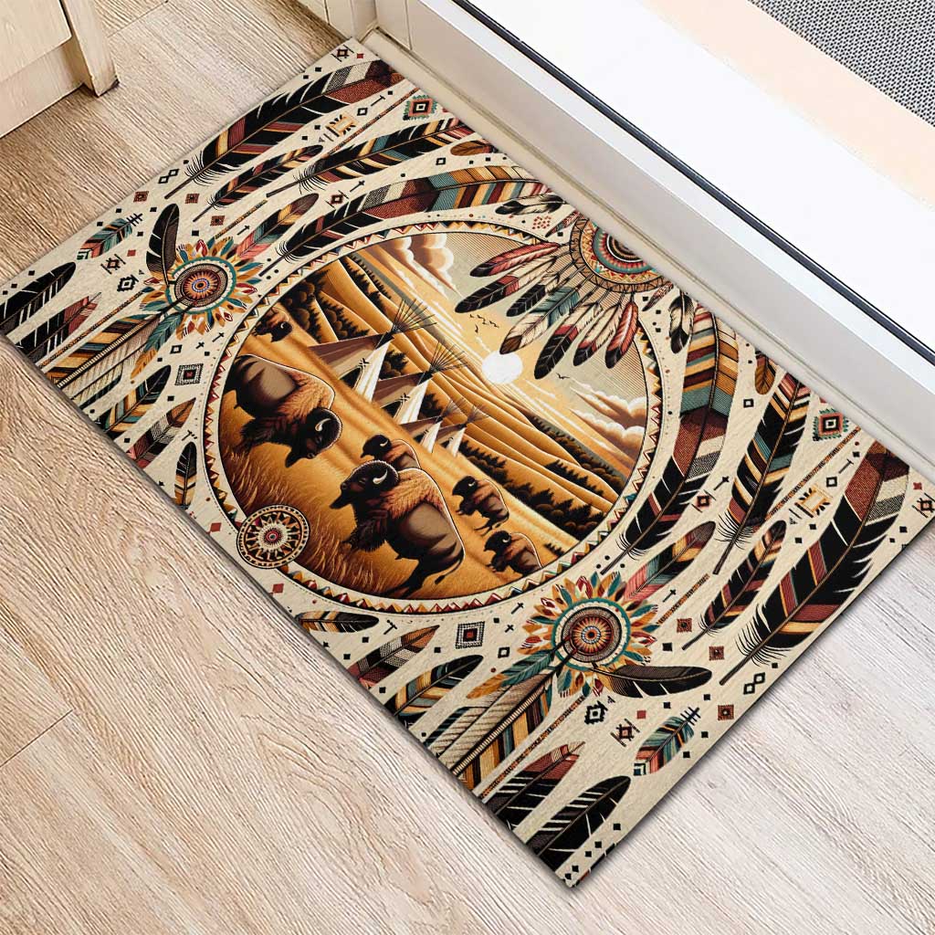 Native American Life Rubber Doormat Teepee Village With Buffalo Bison - Wonder Print Shop