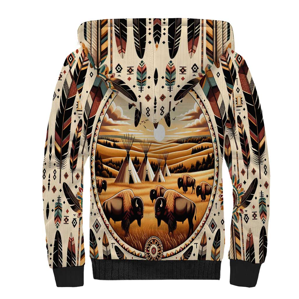 Native American Life Sherpa Hoodie Teepee Village With Buffalo Bison - Wonder Print Shop