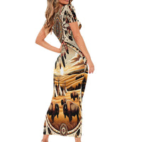 Native American Life Short Sleeve Bodycon Dress Teepee Village With Buffalo Bison - Wonder Print Shop