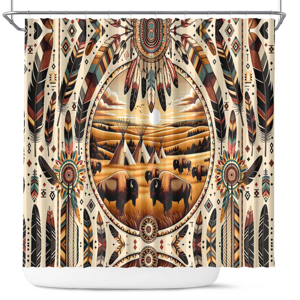 Native American Life Shower Curtain Teepee Village With Buffalo Bison