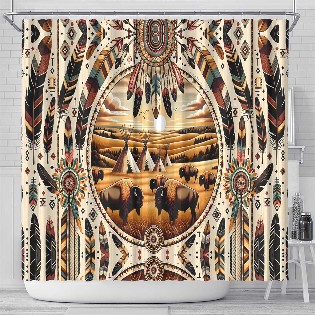 Native American Life Shower Curtain Teepee Village With Buffalo Bison