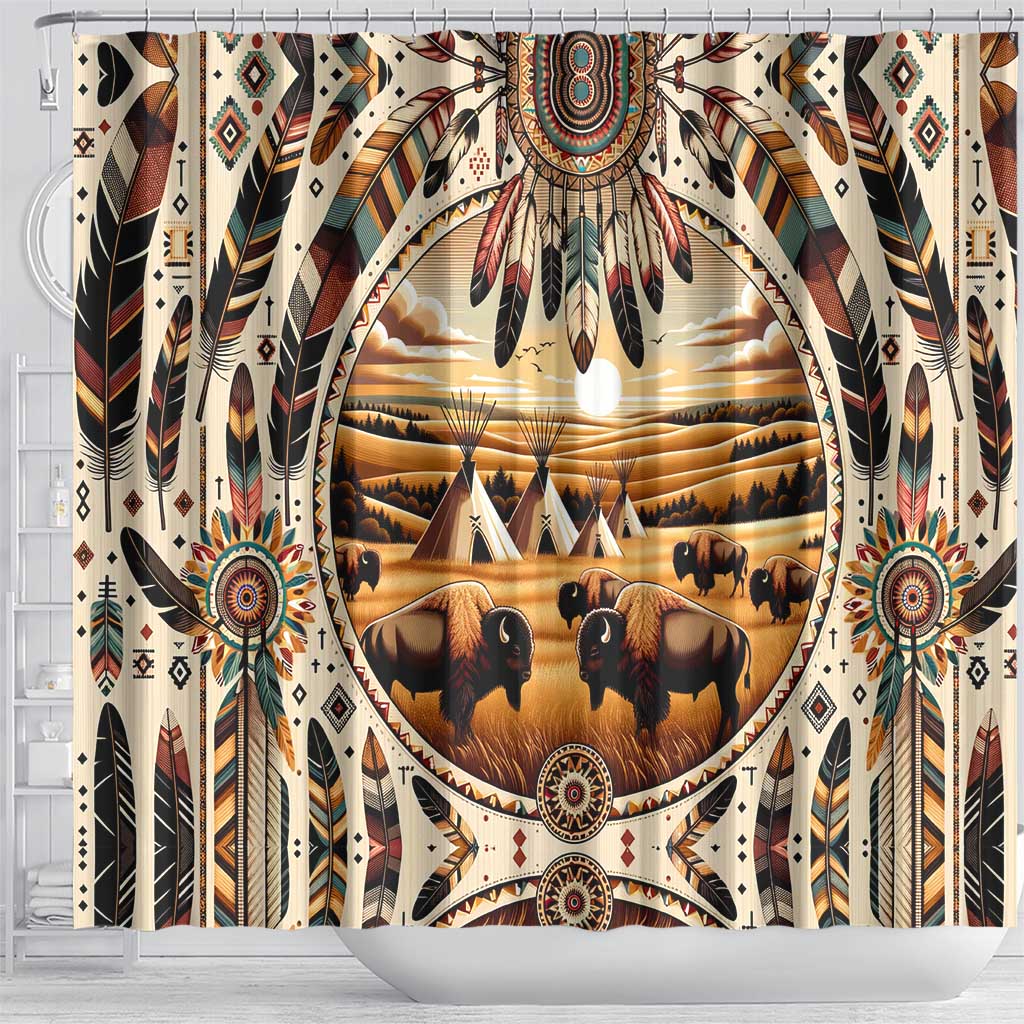 Native American Life Shower Curtain Teepee Village With Buffalo Bison