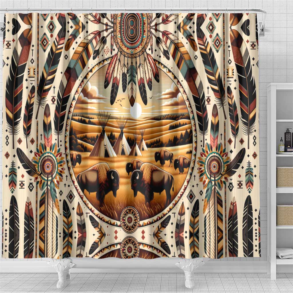Native American Life Shower Curtain Teepee Village With Buffalo Bison