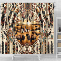Native American Life Shower Curtain Teepee Village With Buffalo Bison
