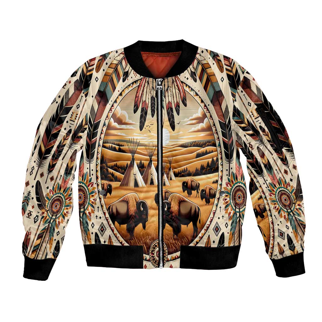Native American Life Sleeve Zip Bomber Jacket Teepee Village With Buffalo Bison - Wonder Print Shop