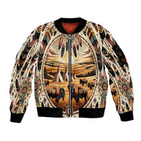 Native American Life Sleeve Zip Bomber Jacket Teepee Village With Buffalo Bison - Wonder Print Shop