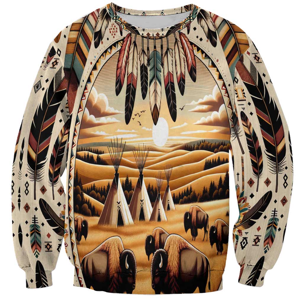 Native American Life Sweatshirt Teepee Village With Buffalo Bison - Wonder Print Shop