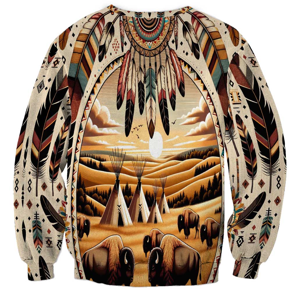Native American Life Sweatshirt Teepee Village With Buffalo Bison - Wonder Print Shop