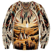 Native American Life Sweatshirt Teepee Village With Buffalo Bison - Wonder Print Shop