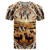 Native American Life T Shirt Teepee Village With Buffalo Bison - Wonder Print Shop