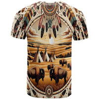 Native American Life T Shirt Teepee Village With Buffalo Bison - Wonder Print Shop