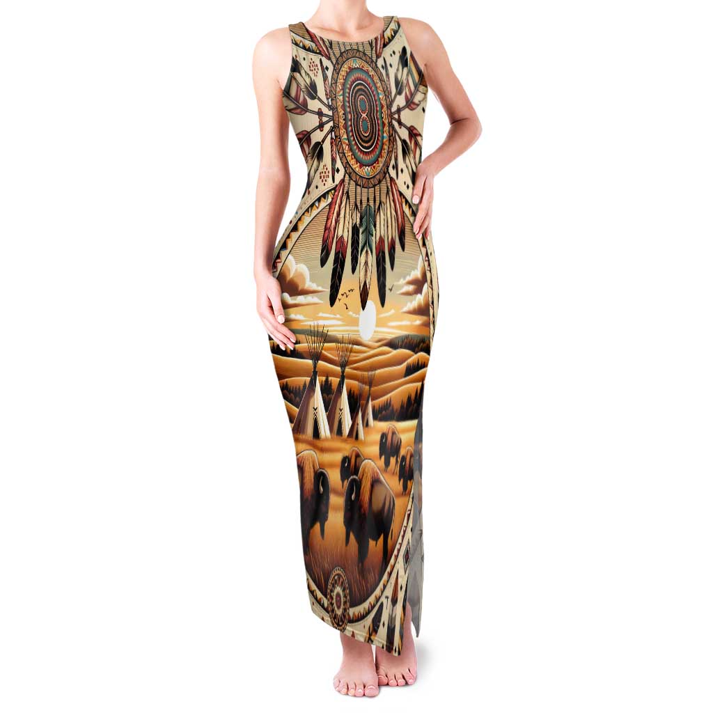 Native American Life Tank Maxi Dress Teepee Village With Buffalo Bison - Wonder Print Shop
