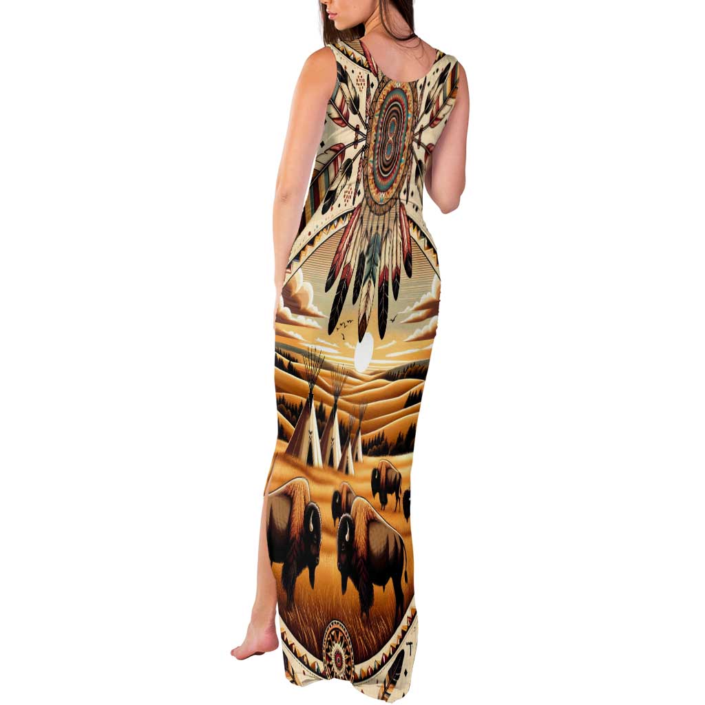 Native American Life Tank Maxi Dress Teepee Village With Buffalo Bison - Wonder Print Shop