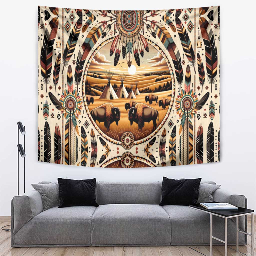 Native American Life Tapestry Teepee Village With Buffalo Bison - Wonder Print Shop