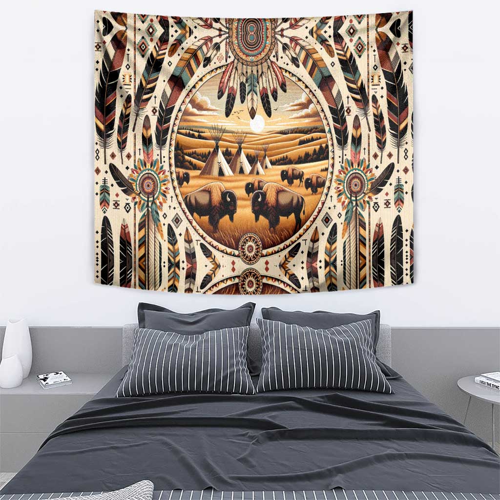 Native American Life Tapestry Teepee Village With Buffalo Bison - Wonder Print Shop