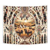 Native American Life Tapestry Teepee Village With Buffalo Bison - Wonder Print Shop