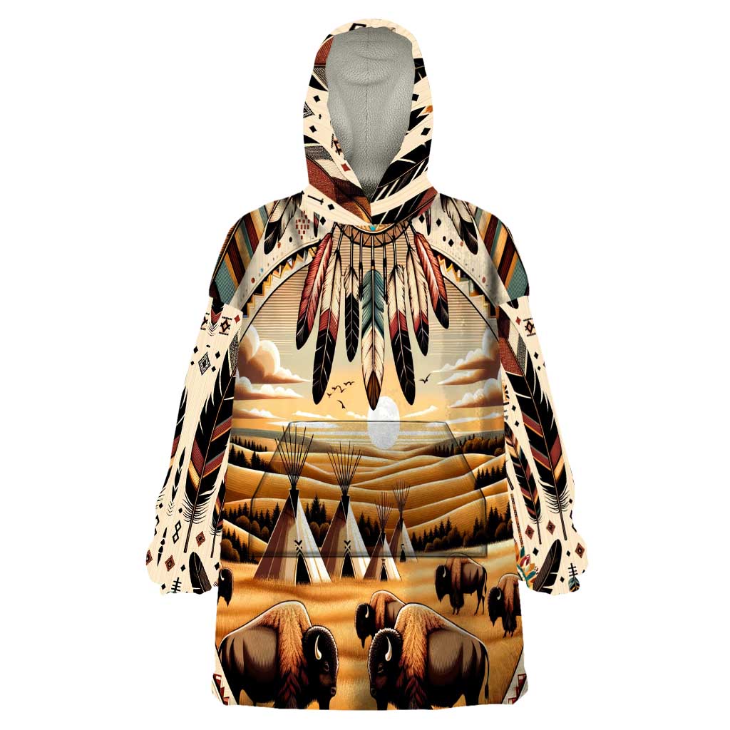 Native American Life Wearable Blanket Hoodie Teepee Village With Buffalo Bison - Wonder Print Shop