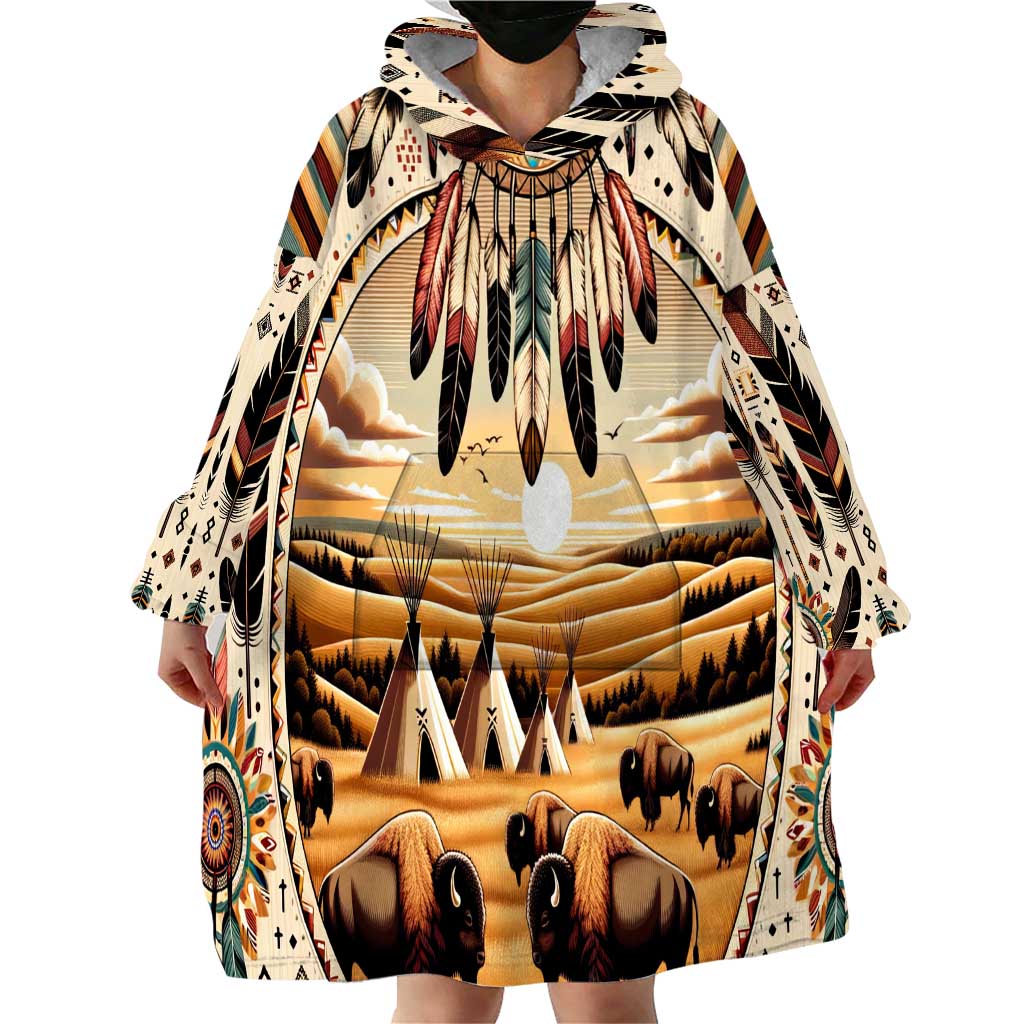 Native American Life Wearable Blanket Hoodie Teepee Village With Buffalo Bison - Wonder Print Shop
