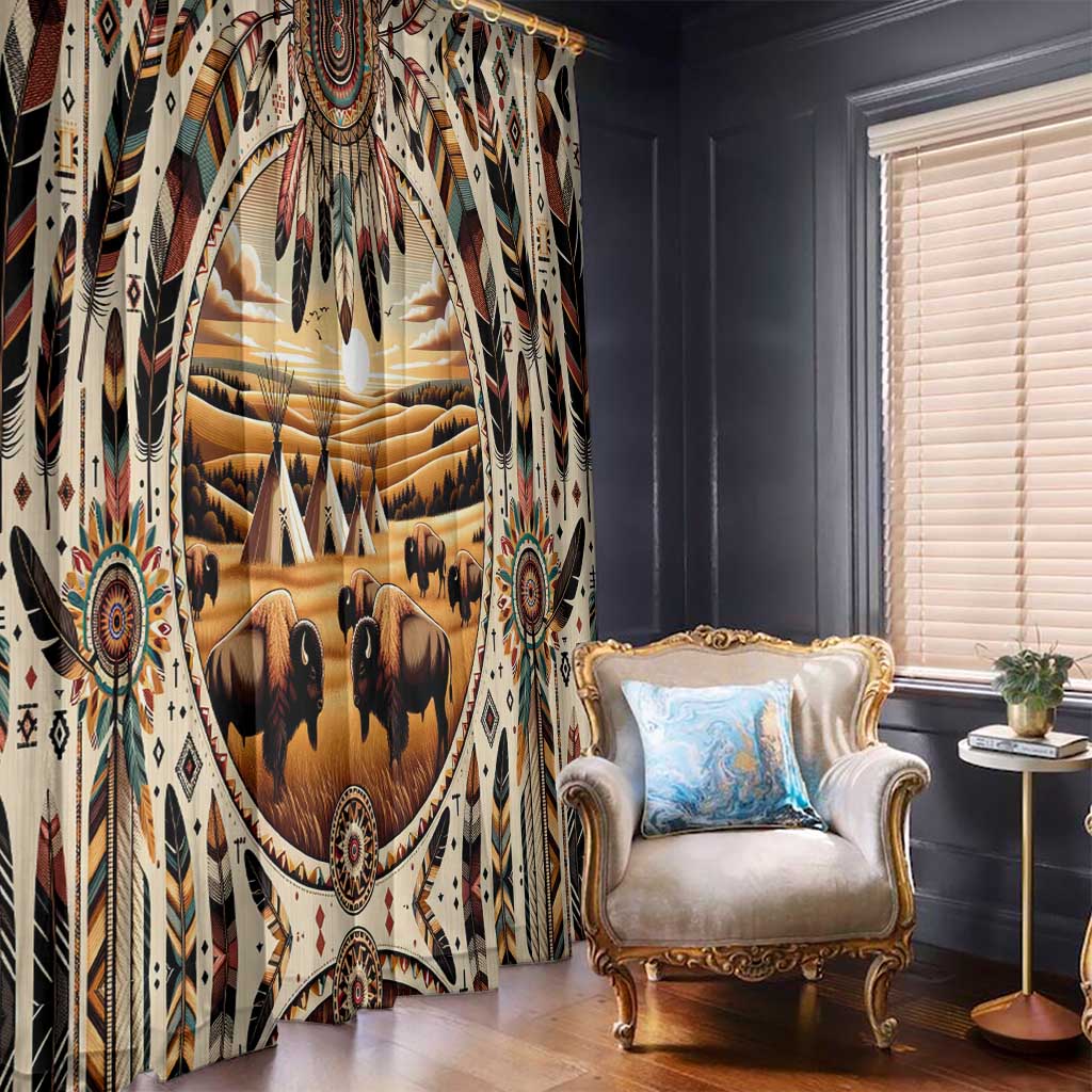 Native American Life Window Curtain Teepee Village With Buffalo Bison - Wonder Print Shop