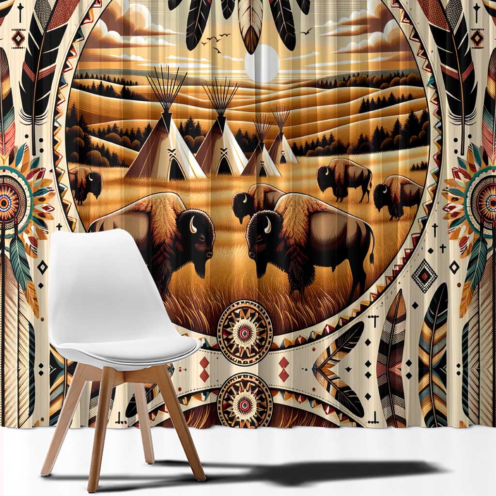 Native American Life Window Curtain Teepee Village With Buffalo Bison - Wonder Print Shop
