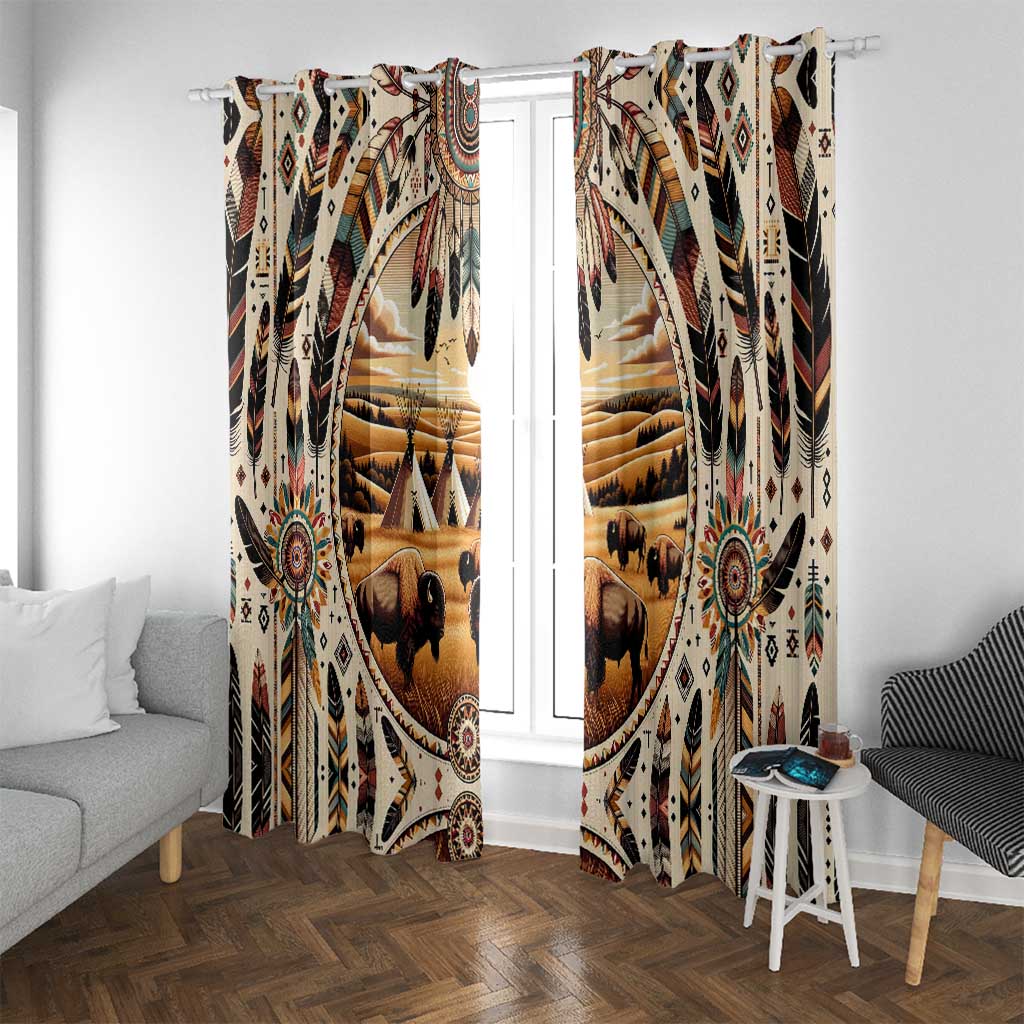 Native American Life Window Curtain Teepee Village With Buffalo Bison - Wonder Print Shop