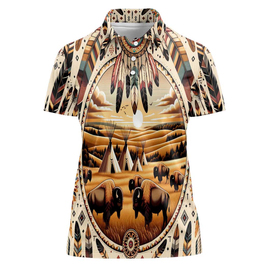 Native American Life Women Polo Shirt Teepee Village With Buffalo Bison - Wonder Print Shop