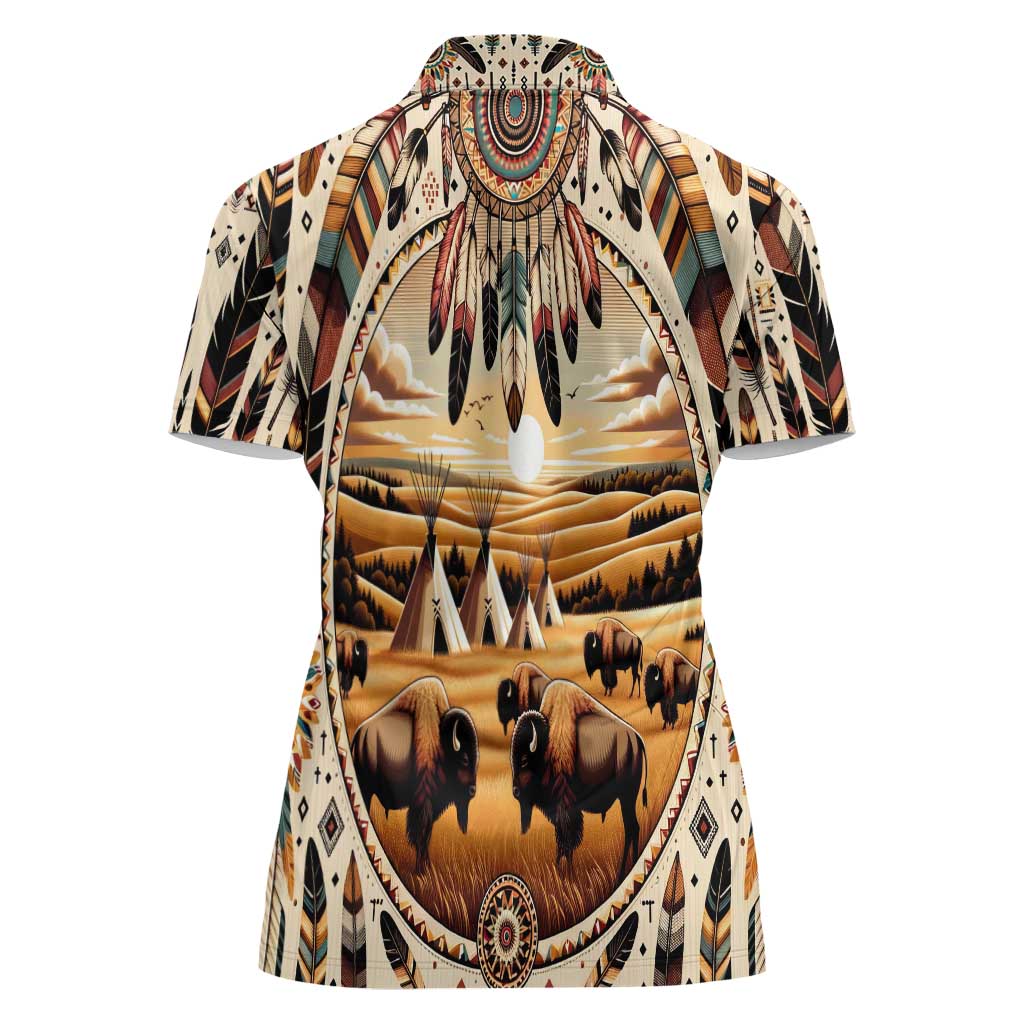 Native American Life Women Polo Shirt Teepee Village With Buffalo Bison - Wonder Print Shop