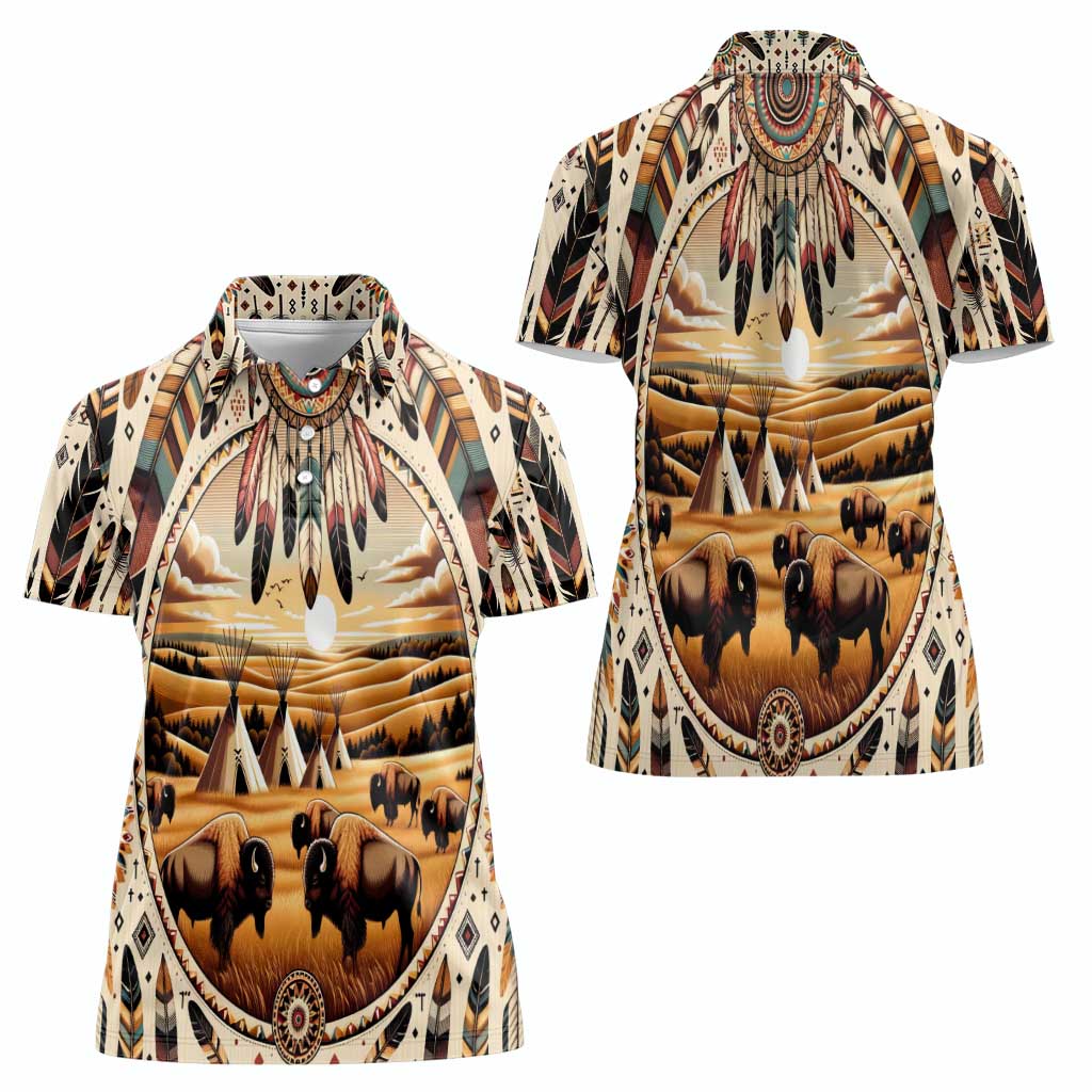 Native American Life Women Polo Shirt Teepee Village With Buffalo Bison - Wonder Print Shop