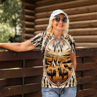 Native American Life Women Polo Shirt Teepee Village With Buffalo Bison - Wonder Print Shop