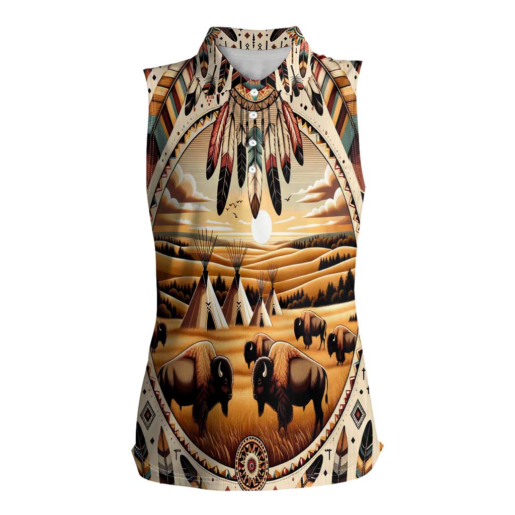 Native American Life Women Sleeveless Polo Shirt Teepee Village With Buffalo Bison - Wonder Print Shop