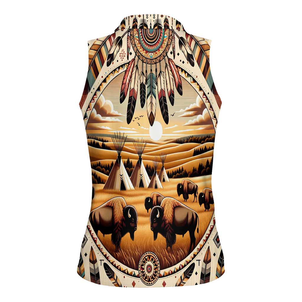 Native American Life Women Sleeveless Polo Shirt Teepee Village With Buffalo Bison - Wonder Print Shop