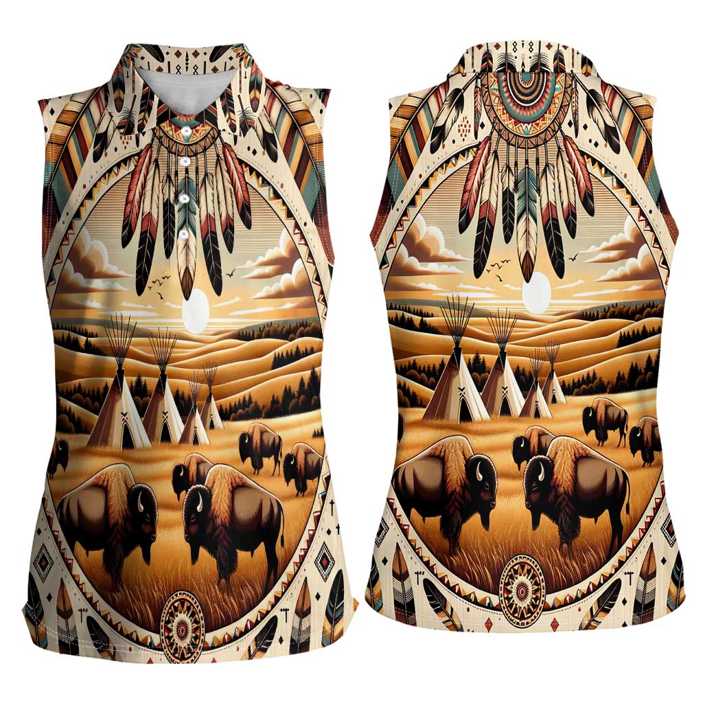 Native American Life Women Sleeveless Polo Shirt Teepee Village With Buffalo Bison - Wonder Print Shop