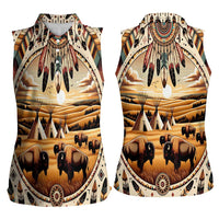 Native American Life Women Sleeveless Polo Shirt Teepee Village With Buffalo Bison - Wonder Print Shop
