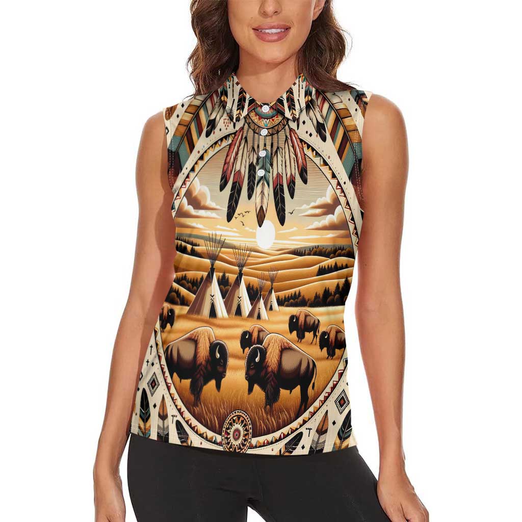 Native American Life Women Sleeveless Polo Shirt Teepee Village With Buffalo Bison - Wonder Print Shop