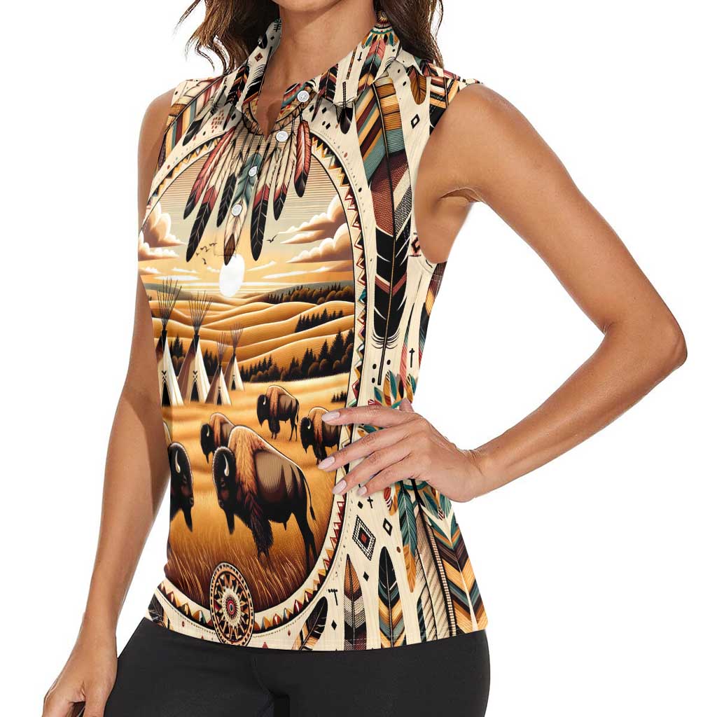Native American Life Women Sleeveless Polo Shirt Teepee Village With Buffalo Bison - Wonder Print Shop