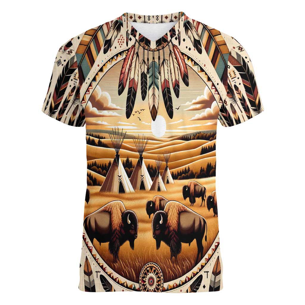 Native American Life Women V-Neck T-Shirt Teepee Village With Buffalo Bison - Wonder Print Shop